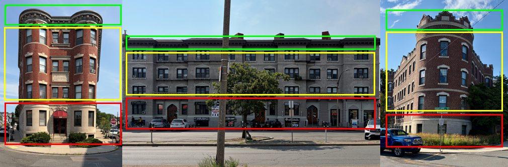 Three Allston buildings with their base, middle and crown outlined