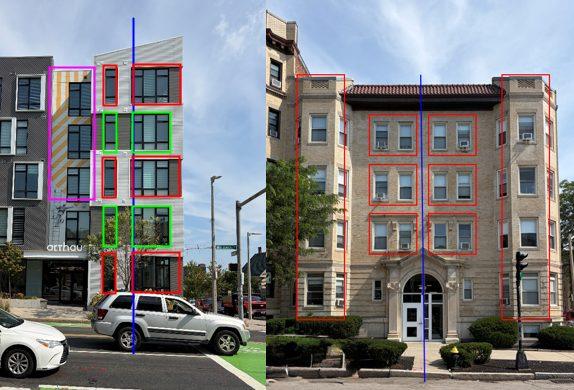 Side-by-side comparison of the recent building and a symmetrical older building with axes drawn