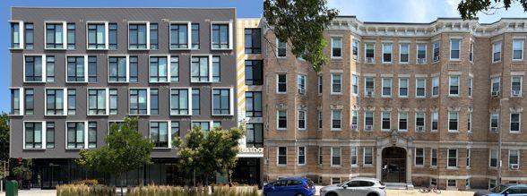 A long modern apartment building beside a traditional apartment building