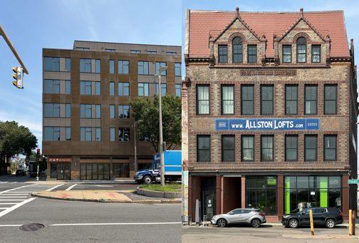 A modern building with mismatched windows beside the Allston Lofts building