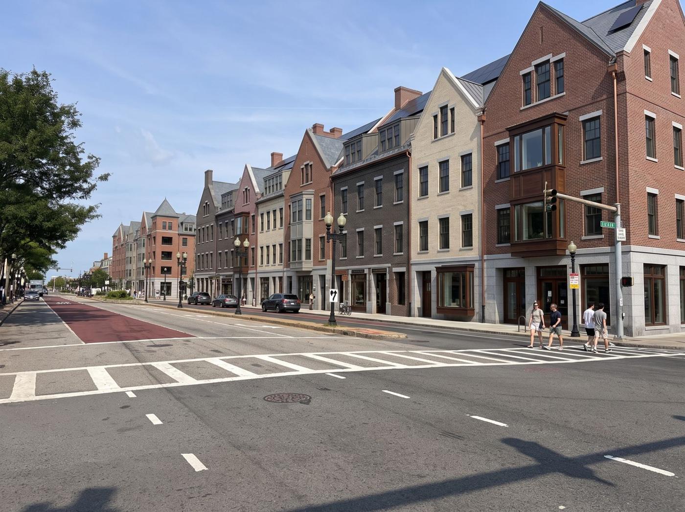 AI-generated concept for Brighton Avenue: Long repeated modules with varied roofs and bays; about 4–5 levels