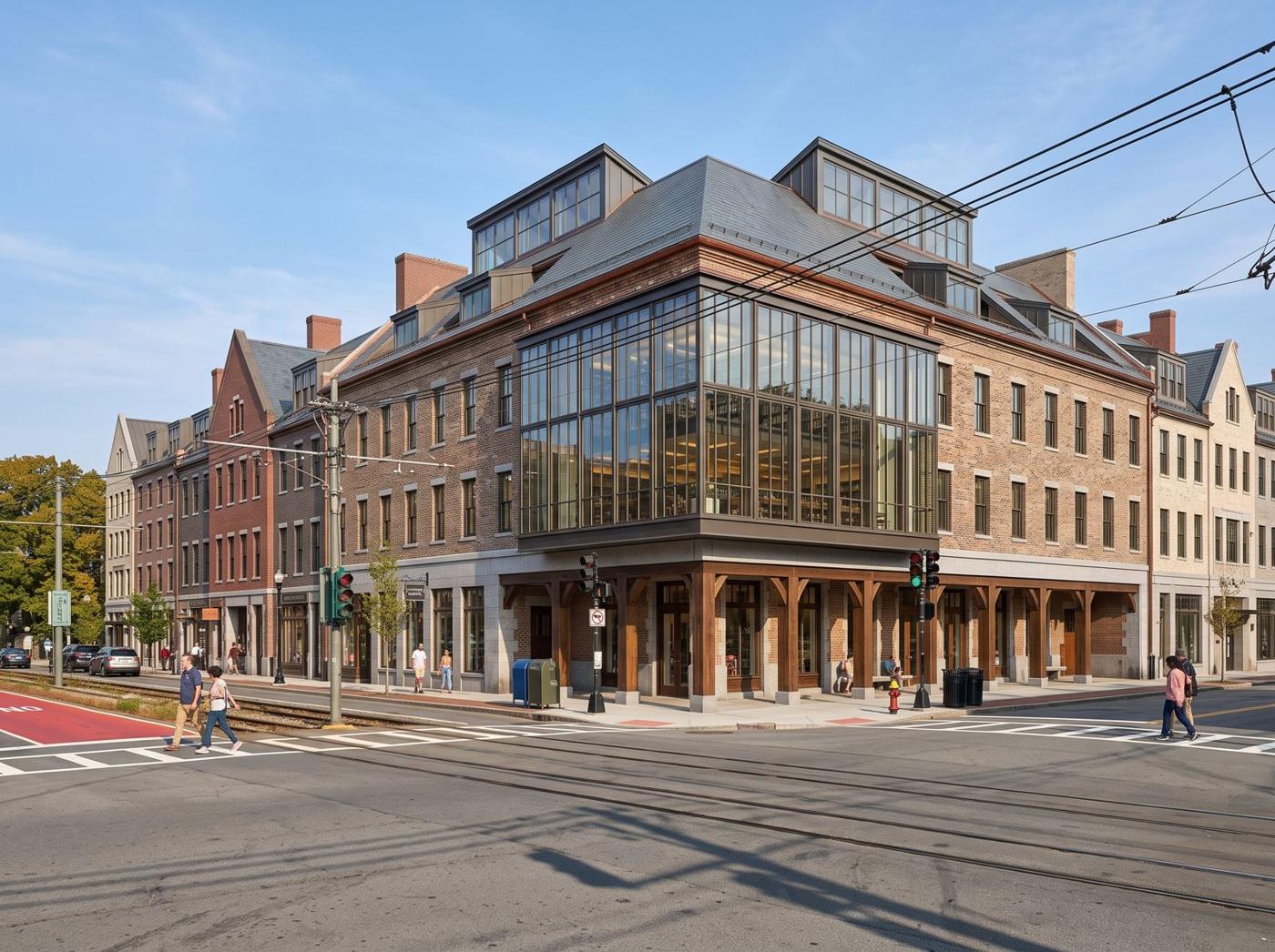 AI-generated concept for Harvard and Commonwealth Avenues: Large glass corner, roof monitors and timber arcade; about 4 levels